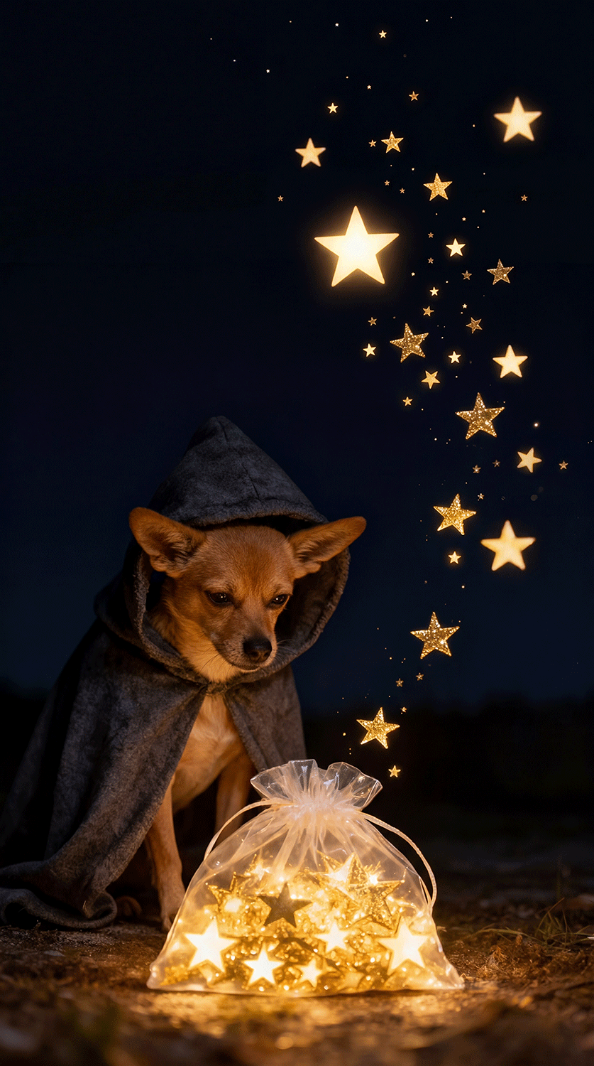 Dog with Glowing Star Bag at Night